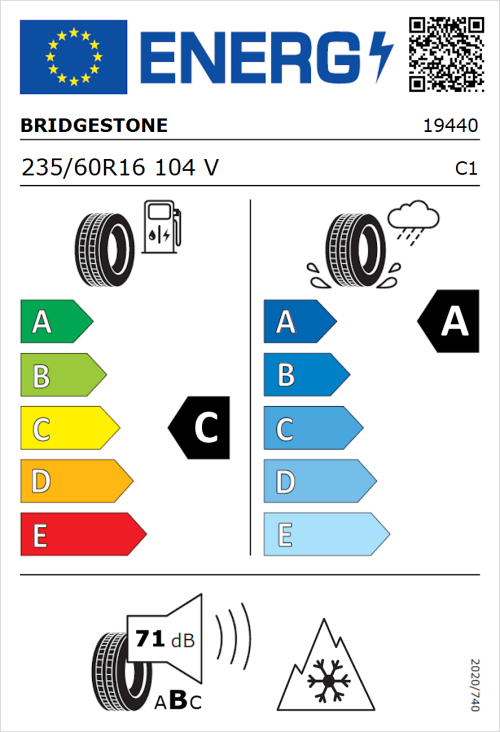 Tyre Label for Bridgestone Weather Control A005 EVO 235/60R16 104V