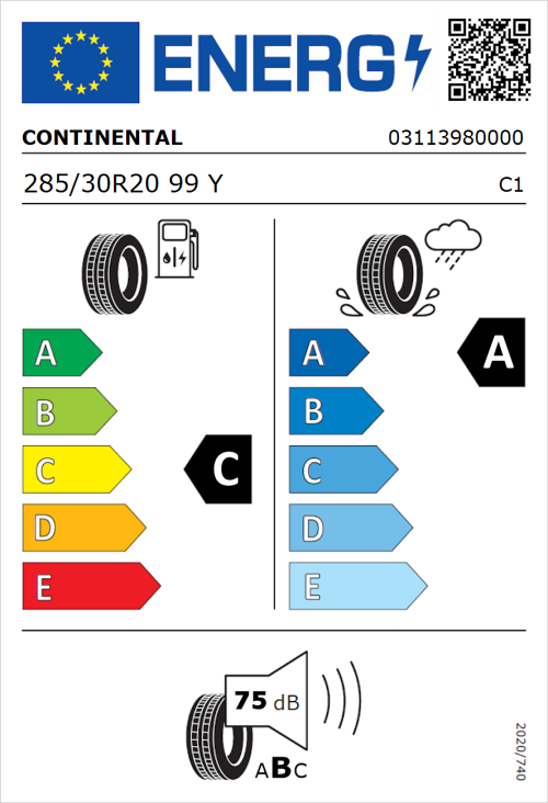 Tyre Label for Continental SportContact 7 285/30R20 99Y