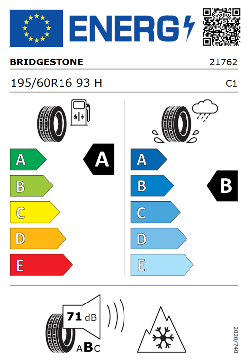 Tyre Label for Bridgestone Weather Control A005 EVO 195/60R16 93H