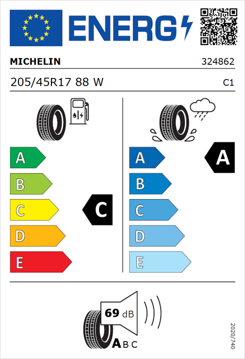 Tyre Label for Michelin Primacy 3 205/45R17 88W